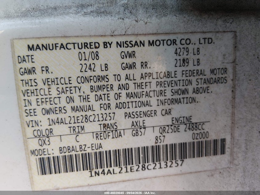 NISSAN ALTIMA 2008 VIN 1N4AL21E28C213257
