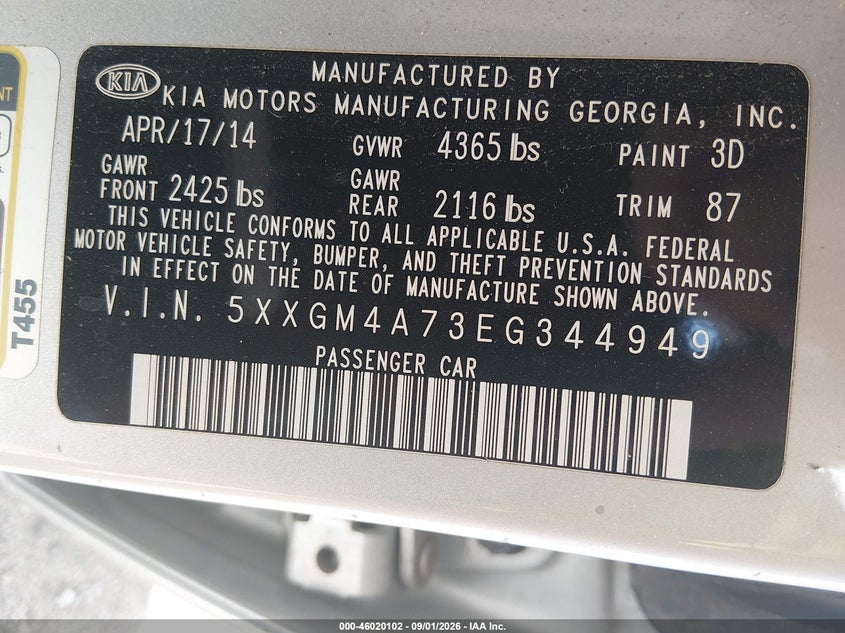 KIA OPTIMA 2014 VIN 5XXGM4A73EG344949