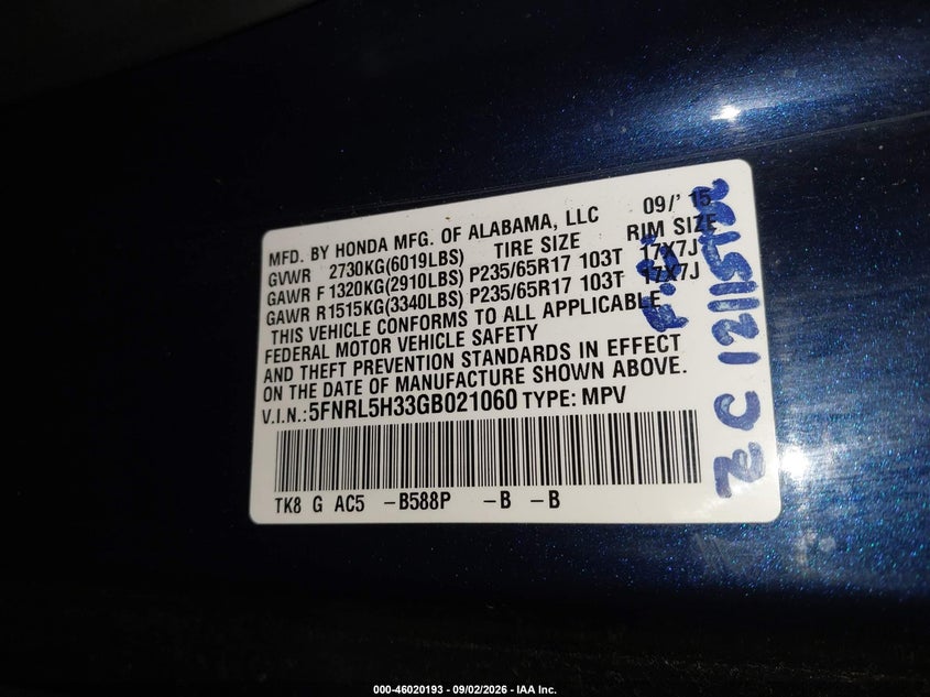 HONDA ODYSSEY 2016 VIN 5FNRL5H33GB021060
