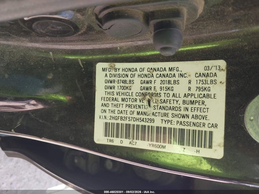 2013 HONDA CIVIC SEDAN 1.8L I-4 VVT, REGULAR , 140HP