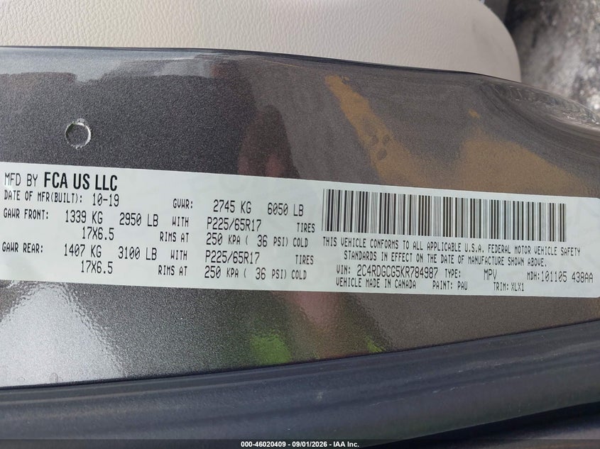 DODGE GRAND CARAVAN 2019 VIN 2C4RDGCG5KR784987