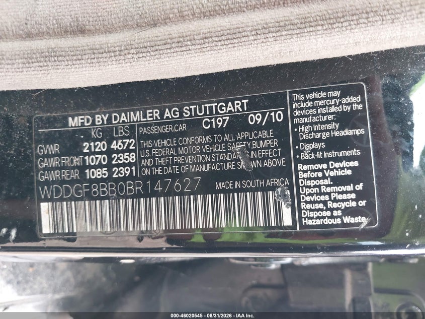 MERCEDES-BENZ C 300 2011 VIN WDDGF8BB0BR147627