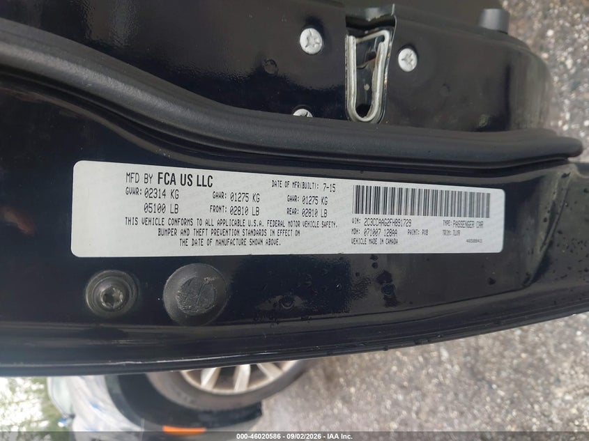CHRYSLER 300 2015 VIN 2C3CCAAG2FH891729