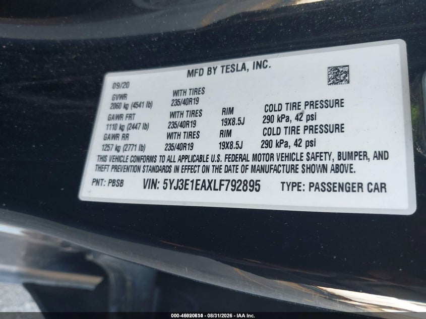 TESLA MODEL 3 2020 VIN 5YJ3E1EAXLF792895