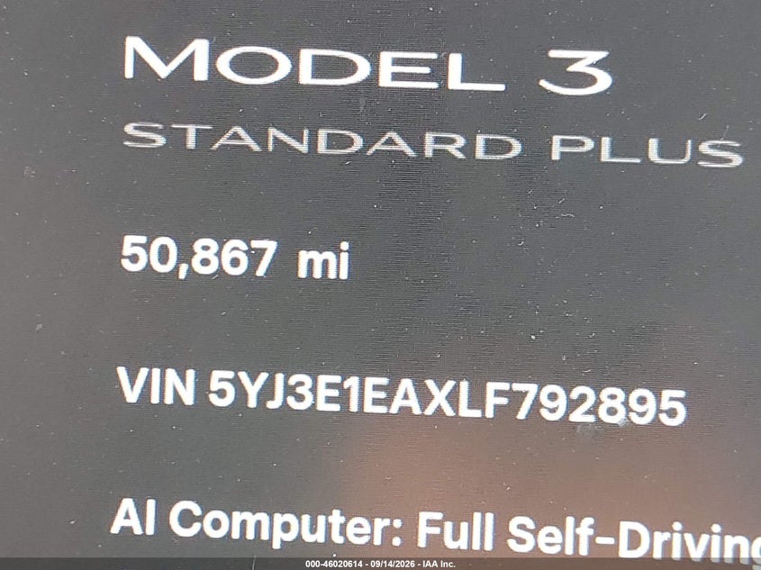 TESLA MODEL 3 2020 VIN 5YJ3E1EAXLF792895