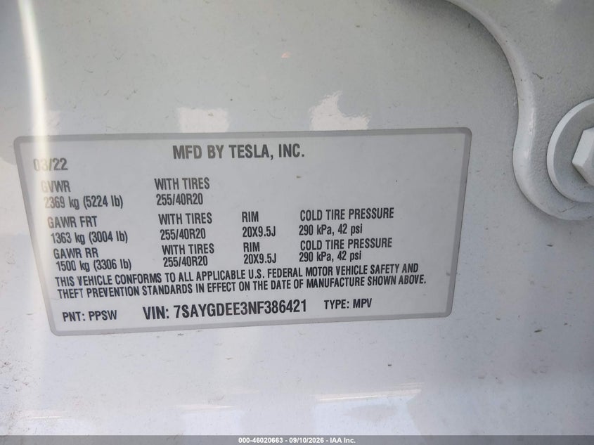TESLA MODEL Y 2022 VIN 7SAYGDEE3NF386421