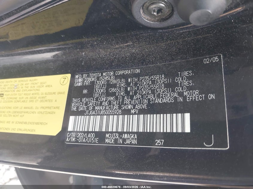 LEXUS RX 330 2005 VIN JTJGA31U850055928