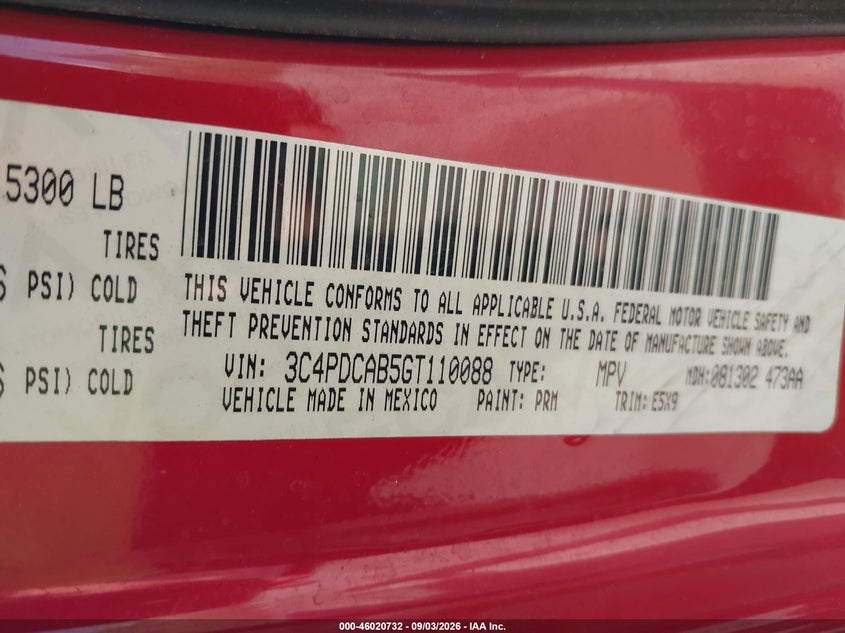 DODGE JOURNEY 2016 VIN 3C4PDCAB5GT110088