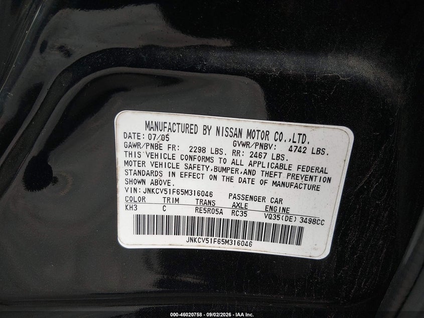 INFINITI G35X 2005 VIN JNKCV51F65M316046