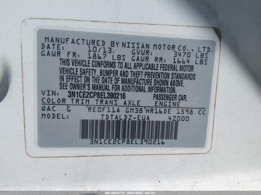 NISSAN VERSA NOTE 2014 VIN 3N1CE2CP8EL390216