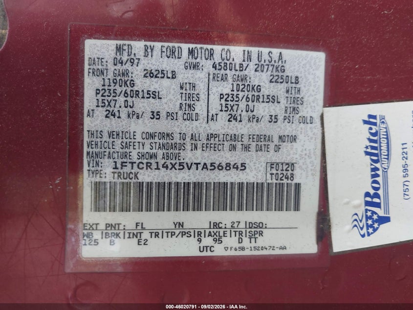 FORD RANGER 1997 VIN 1FTCR14X5VTA56845