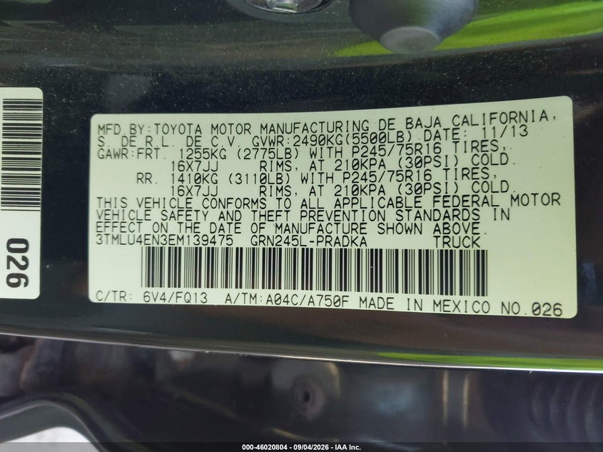 TOYOTA TACOMA 2014 VIN 3TMLU4EN3EM139475