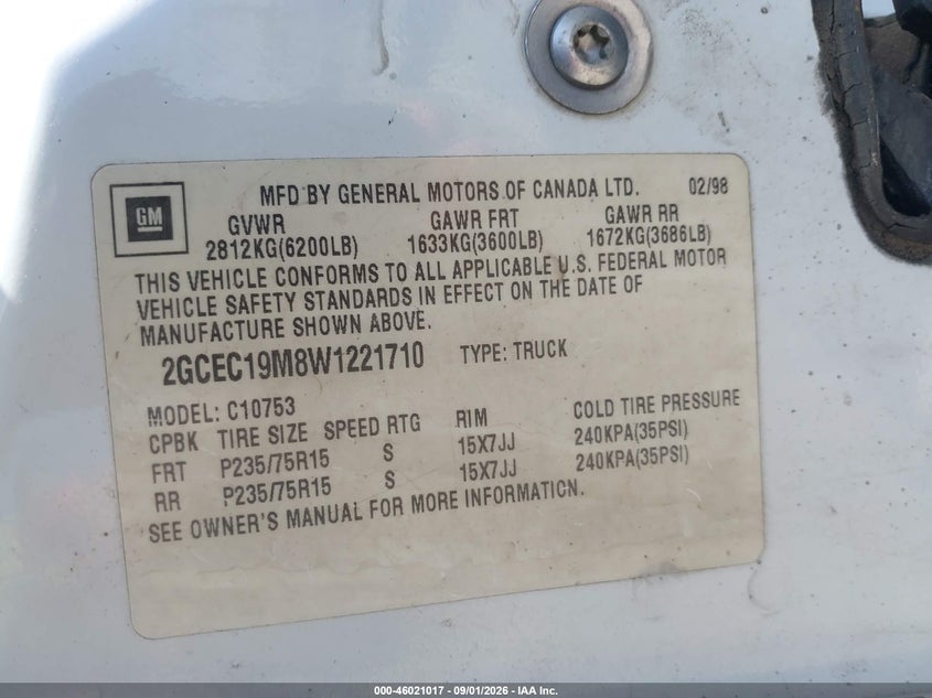 CHEVROLET C1500 1998 VIN 2GCEC19M8W1221710