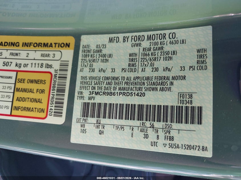 FORD BRONCO SPORT 2023 VIN 3FMCR9B61PRD51420