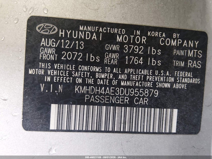 HYUNDAI ELANTRA 2013 VIN KMHDH4AE3DU955879