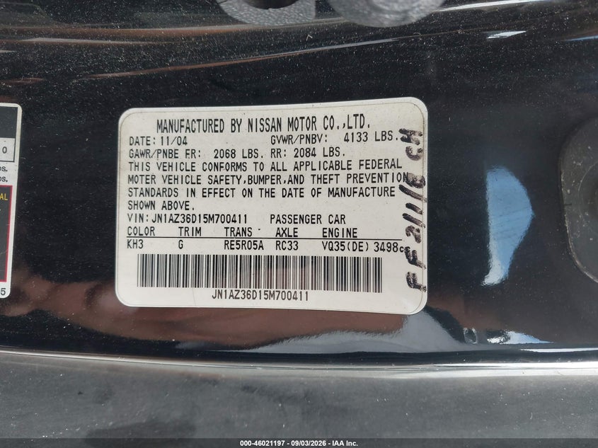 NISSAN 350Z 2005 VIN JN1AZ36D15M700411