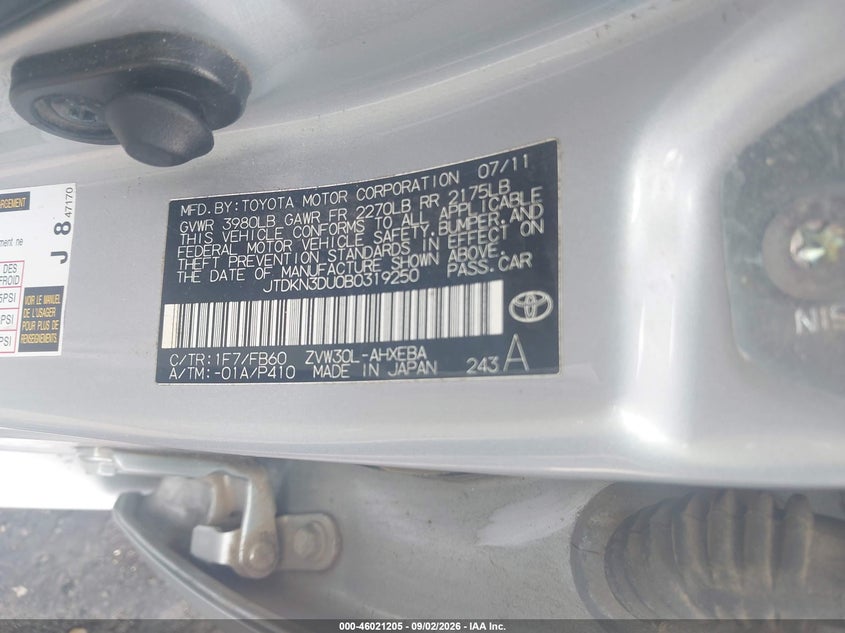 TOYOTA PRIUS 2011 VIN JTDKN3DU0B0319250