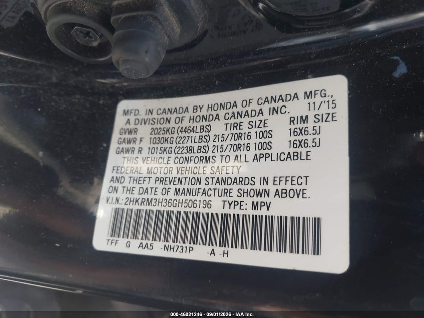 HONDA CR-V 2016 VIN 2HKRM3H36GH506196