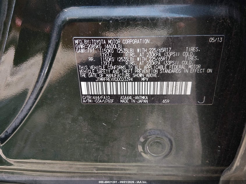 TOYOTA RAV4 2013 VIN JTMRFREVXDD023394