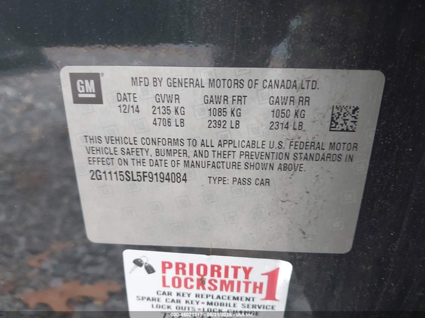 2015 CHEVROLET IMPALA SEDAN 2.5L I-4 DI, DOHC, VVT, REGULAR , 195HP