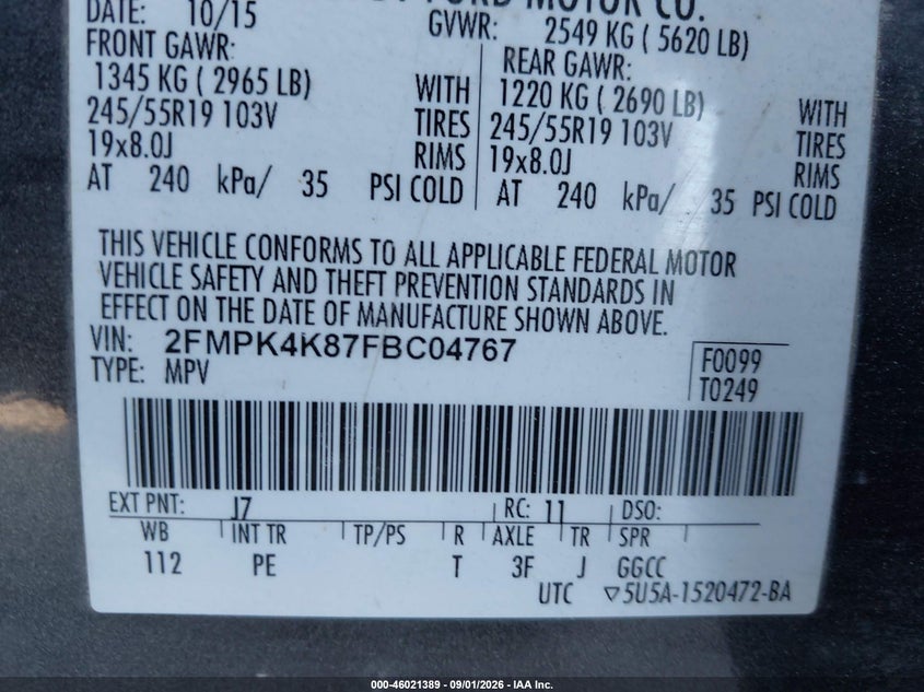 FORD EDGE 2015 VIN 2FMPK4K87FBC04767