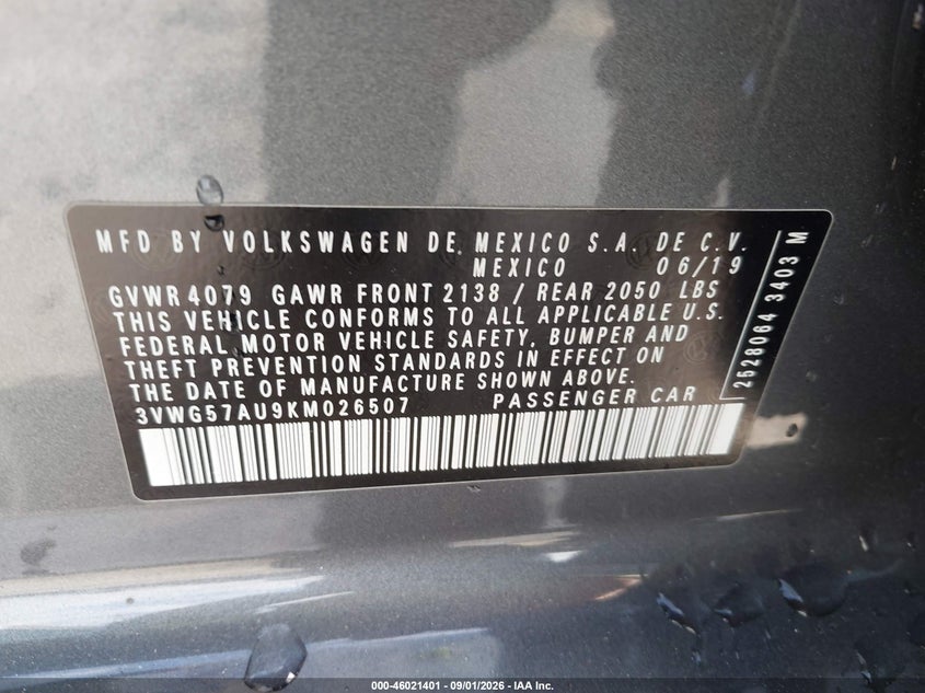 VOLKSWAGEN GOLF 2019 VIN 3VWG57AU9KM026507