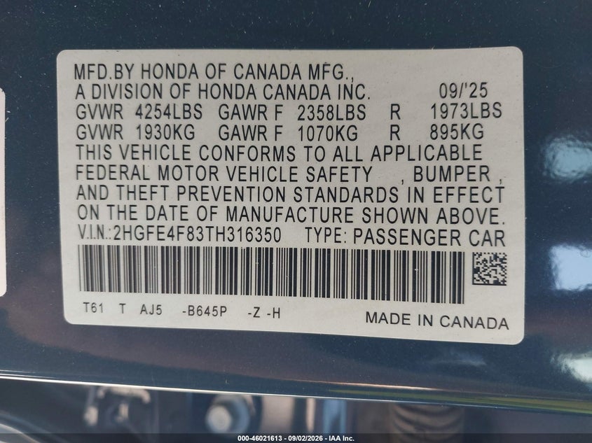 HONDA CIVIC HYBRID 2026 VIN 2HGFE4F83TH316350