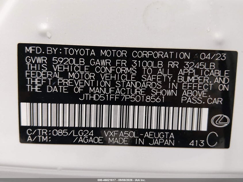 LEXUS LS 500 2023 VIN JTHD51FF7P5018561
