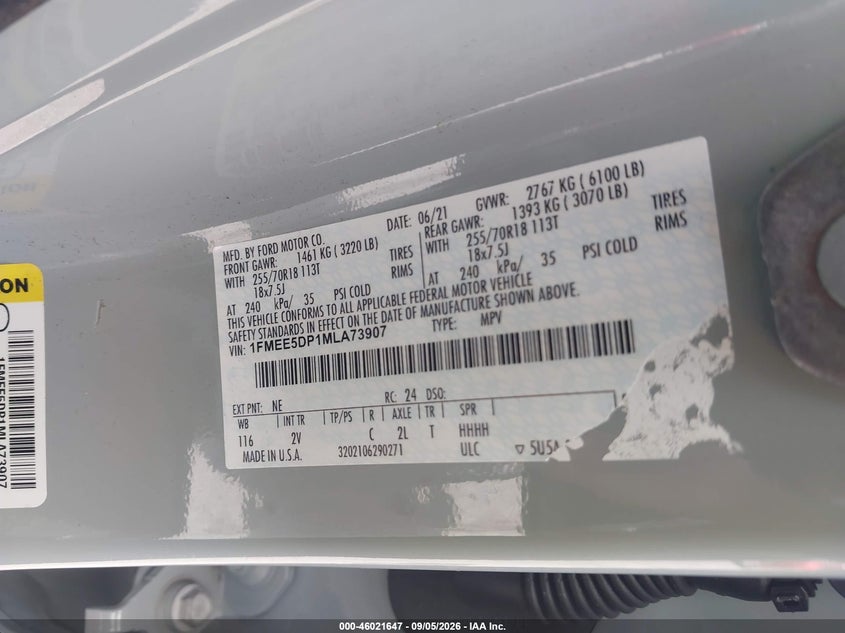 FORD BRONCO 2021 VIN 1FMEE5DP1MLA73907