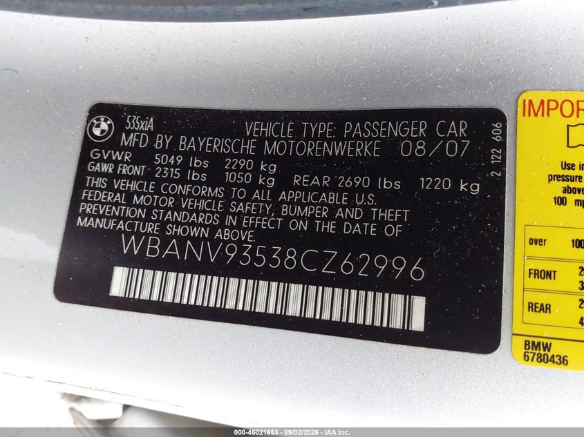 BMW 535XI 2008 VIN WBANV93538CZ62996