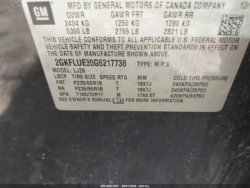 GMC TERRAIN 2016 VIN 2GKFLUE35G6217738