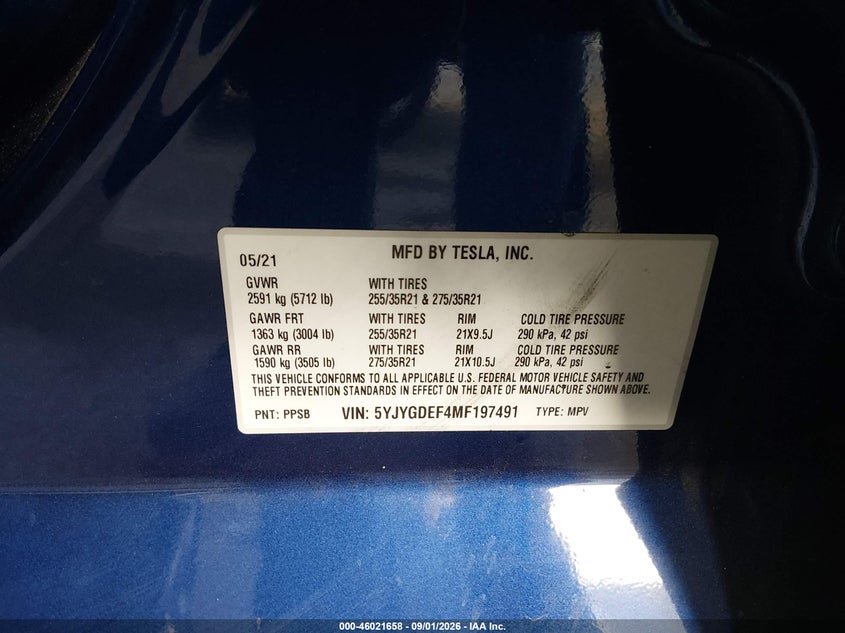 TESLA MODEL Y 2021 VIN 5YJYGDEF4MF197491