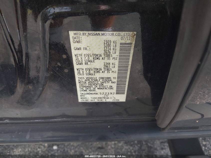 NISSAN XTERRA 2011 VIN 5N1AN0NU4BC522192