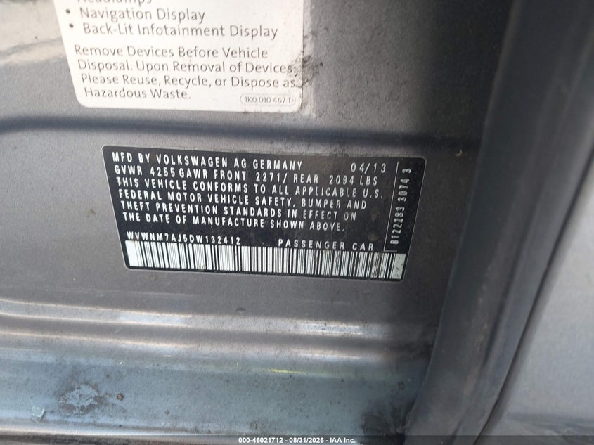 VOLKSWAGEN GOLF 2013 VIN WVWNM7AJ5DW132412