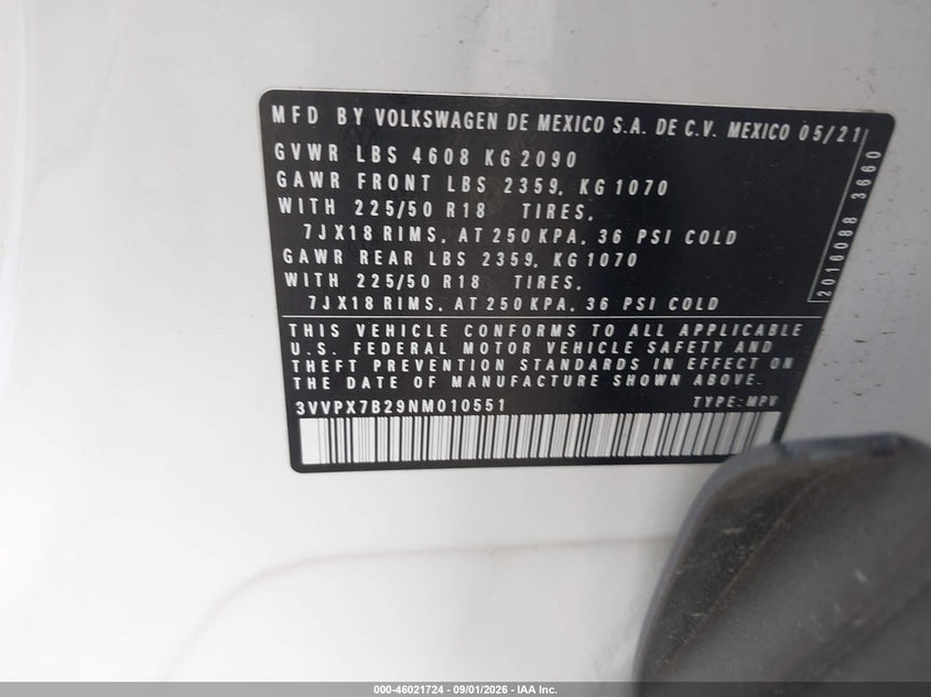 VOLKSWAGEN TAOS 2022 VIN 3VVPX7B29NM010551