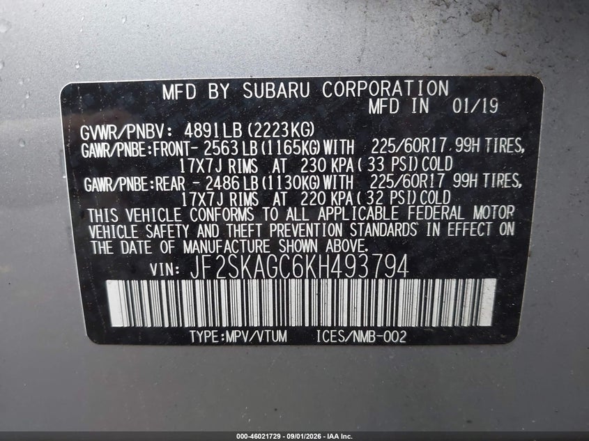 SUBARU FORESTER 2019 VIN JF2SKAGC6KH493794