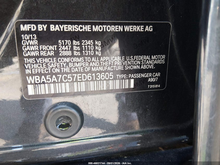 BMW 528I 2014 VIN WBA5A7C57ED613605