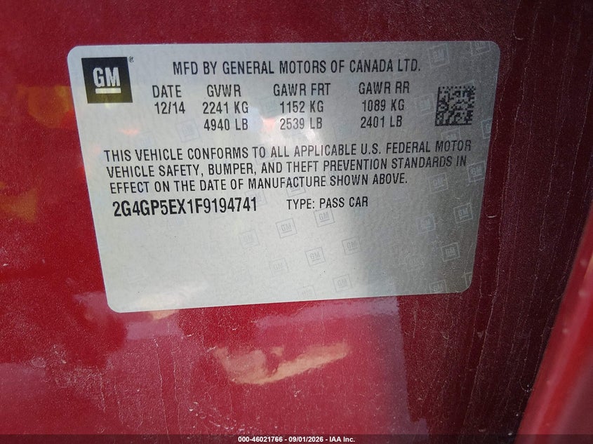BUICK REGAL 2015 VIN 2G4GP5EX1F9194741