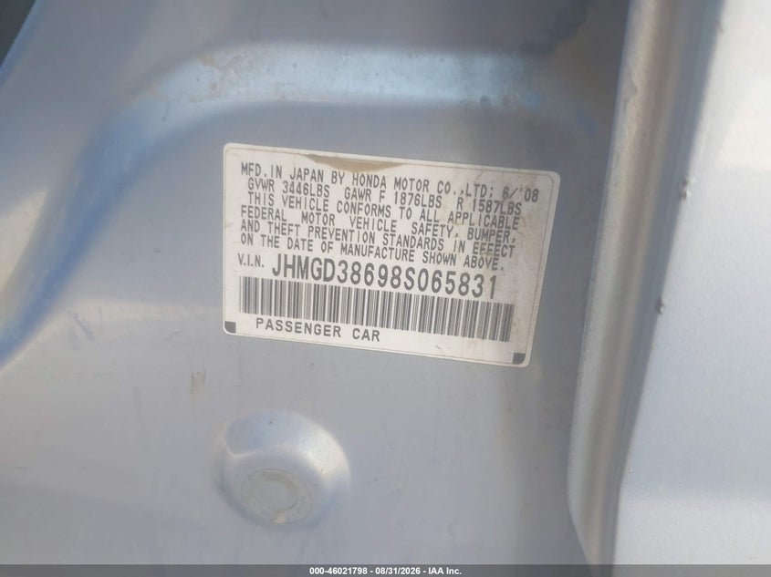 HONDA FIT 2008 VIN JHMGD38698S065831