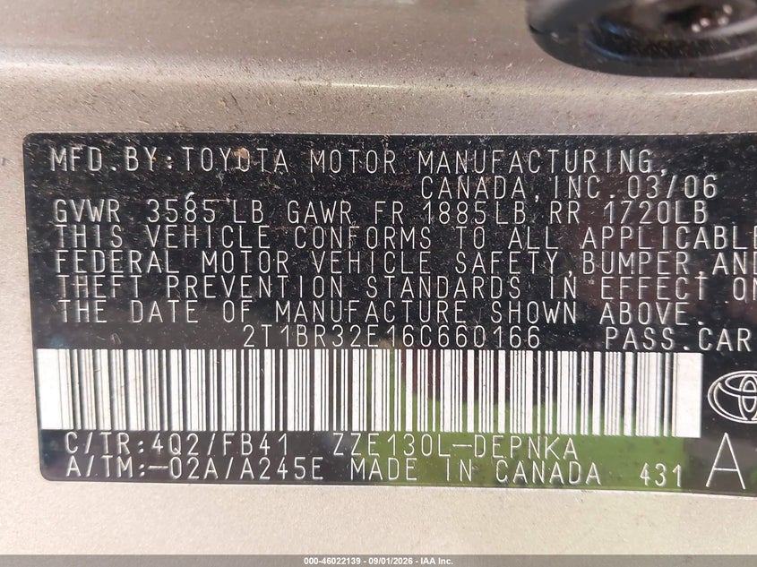 2006 TOYOTA COROLLA SEDAN 1.8L I-4 DOHC, VVT, REGULAR , 126HP