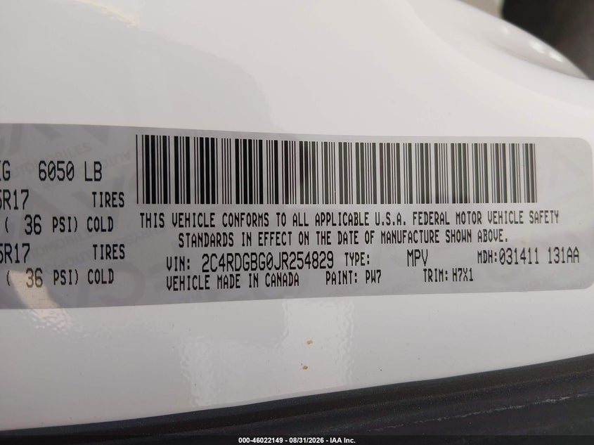 DODGE GRAND CARAVAN 2018 VIN 2C4RDGBG0JR254829