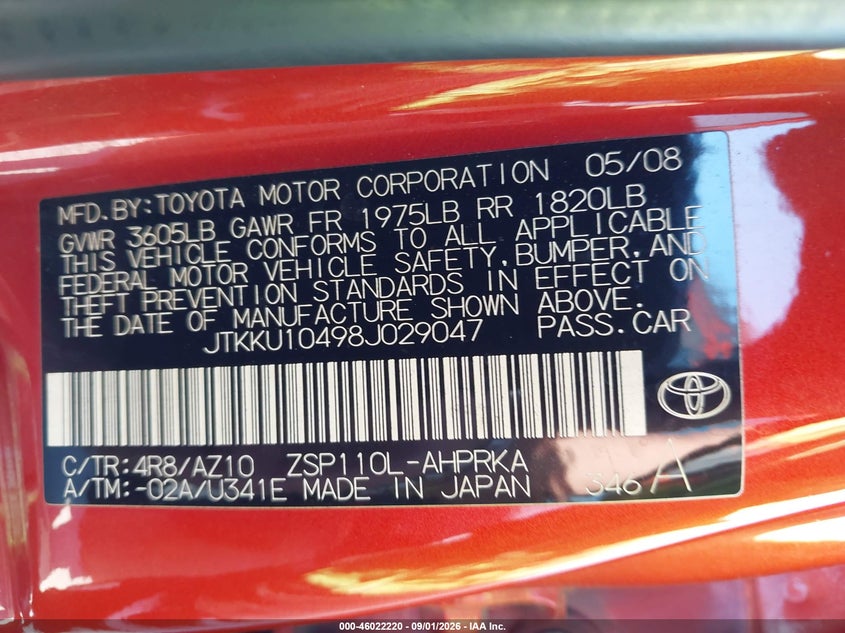 SCION XD 2008 VIN JTKKU10498J029047