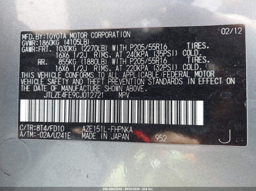 SCION XB 2012 VIN JTLZE4FE9CJ012721