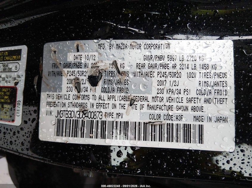 MAZDA CX-9 2013 VIN JM3TB3DV3D0400873