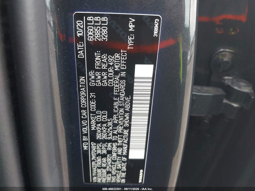 VOLVO XC90 2021 VIN YV4A22PL7M1704817