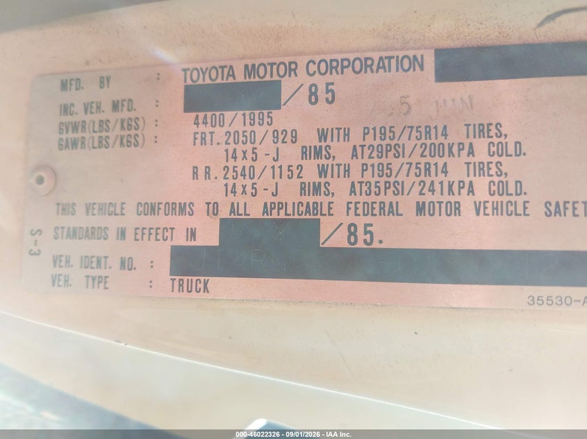 TOYOTA PICKUP 1985 VIN JT4RN56D5F0150212