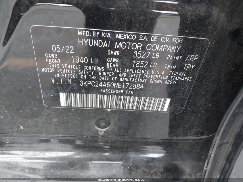 HYUNDAI ACCENT 2022 VIN 3KPC24A60NE172884