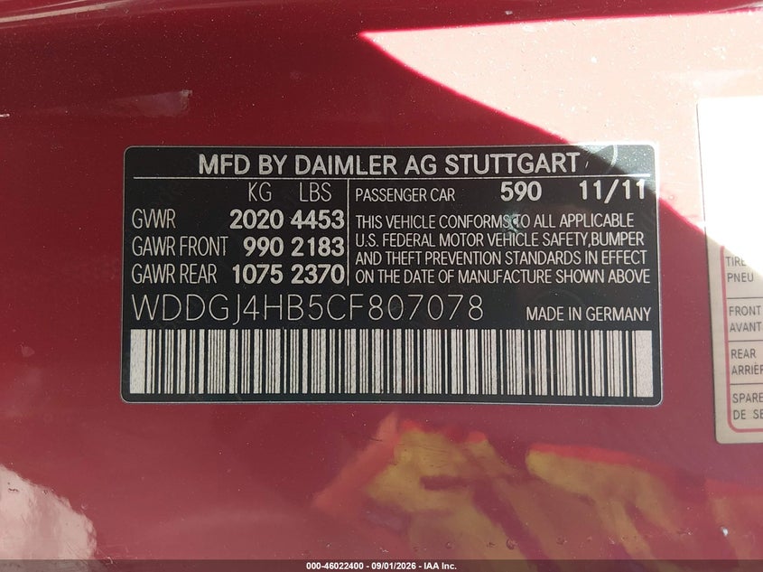 MERCEDES-BENZ C 250 2012 VIN WDDGJ4HB5CF807078