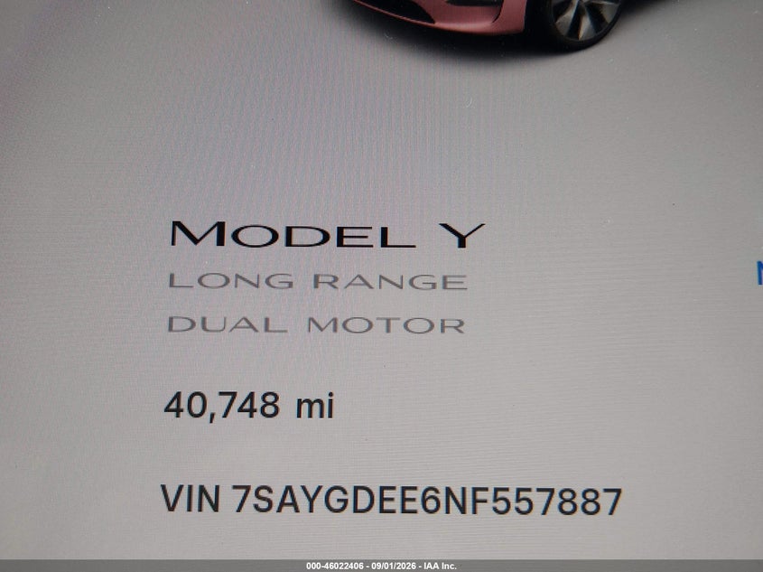 TESLA MODEL Y 2022 VIN 7SAYGDEE6NF557887