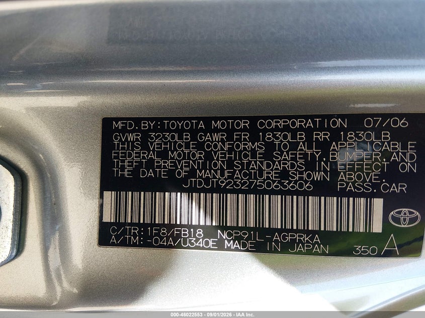 TOYOTA YARIS 2007 VIN JTDJT923275063606